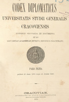 Czarno-biała strona tytułowa Codex Diplomaticus Universitatis Studii Generalis Cracoviensis, 1870. Pośrodku czarno-biała ilustracja przedstawiająca Herb Piastowski oraz postać św Stanisława? W prawym górnym rogu podłużna pieczęć Biblioteki Towarzystwa Lekarskiego w Warszawie.