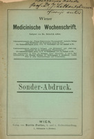 Skan przedstawia okładkę niemieckiego czasopisma medycznego zatytułowanego „Wiener Medicinische Wochenschrift” redagowanego przez dr. Heinricha Adlera. W prawym górnym rogu widnieje odręcznie zapisana dedykacja dla Prof. Latkowskiego od autora. Poniżej znajdują się informacje: nazwa czasopisma, redaktor, informacje o prenumeracie, cenach dla różnych krajów oraz dane wydawnicze – publikacja wydana przez Moritza Perlesa w Wiedniu.