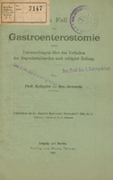 Ilustracja zielono-czarna przestawia stronę tytułową dzieła profesorów Rydygiera i Jaworskiego Ein Fall von Gastroenterostomie nebst Untersuchungen über das Verhalten der Magendarmfunction nach erfolgter Heilung z 1889 roku. U góry pieczęcie dar prof. dra J. Zubrzyckiego oraz Biblioteka Kliniki Położn. Ginekol. UJ.