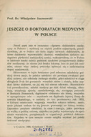 Ilustracja czarno-biała przedstawia stronę tytułową artykułu  prof. Szumowskiego pod tytułem ” Jeszcze o doktoratach medycyny w Polsce ”.
