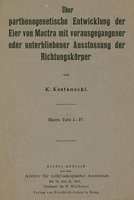 Ilustracja zielono-czarna przedstawia stronę tytułową dzieła prof. Kostaneckiego Über parthenogenetische Entwicklung der Eier von Mactra mit vorausgegangener oder unterbliebener Ausstossung der Richtungskörper z 1911 roku.