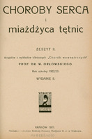 Ilustracja czarno-biała przedstawia stronę tytułową skryptu Choroby serca i miażdżyca tętnic z roku 1927 prof. Orłowskiego.