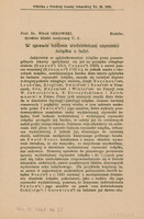 Ilustracja czarno-biała przedstawia pierwszą stronę broszury prof. Orłowskiego W sprawie badania wydzielniczej czynności żołądka u ludzi. Zawiera tytuł i fragment tekstu.