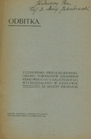 Strona tytułowa odbitki artykułu z początku XX wieku. U góry widoczna jest odręczna dedykacja atramentem: „JWielmożny Pan Prof. Dr. Maciej Jakubowski”. Na środku strony dużymi literami wydrukowany napis: „ODBITKA.” Niżej znajduje się informacja o źródle: „Z czasopisma ‘Przegląd Lekarski’, organu Towarzystw Lekarskich Krakowskiego i Galicyjskiego, wychodzącego w Krakowie. Redaktor główny: Dr August Kwaśnicki.” Na dole strony podano dane wydawnicze: „Kraków: Drukarnia Uniwersytetu Jagiell. pod zarządem Józefa Filipowskiego 1903.” Papier ma szarozielone tło, a na brzegach widoczne są ślady zużycia, wskazujący na wiek dokumentu.
