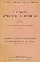 Strona tytułowa publikacji naukowej w języku polskim z 1931 roku. Nagłówek: „Polska Akademja Umiejętności – Rozprawy Wydziału Lekarskiego, Tom 1 (Serja I, Tom 1)”. Podtytuł informuje o częściowym wsparciu finansowym z Funduszu im. P. Tyszkowskiego. Numer publikacji: 2. Autorzy: Stanisław Ciechanowski i Kazimierz Ściesiński. Tytuł pracy: „Badania nowotworów smołowych (część I, II, III, IV i V)”. Miejsce wydania: Kraków, rok 1931. Wydawca: Polska Akademja Umiejętności. Informacja o dystrybucji: skład główny w księgarniach Gebethnera i Wolffa w miastach: Warszawa, Kraków, Lublin, Łódź, Poznań, Wilno, Zakopane.