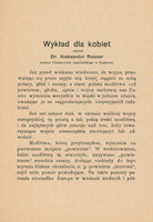 Ilustracja czarno-biała przedstawia stronę tytułową wydanego drukiem wykładu dla kobiet prof. Rosnera z 1916 roku. 