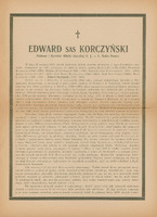 Ilustracja czarno-biała przedstawia pierwszą stronę tekstu wspomnienia pośmiertnego Edward Sas Korczyński. U góry nad tekstem znak krzyża.