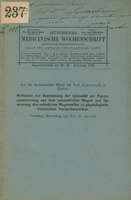 Ilustracja niebiesko-czarna strony tytułowej broszury prof. Jaworskiego Methoden zur Bestimmung der Intensität der Pepsinausscheidung aus dem menschlichen Magen und Gewinnung des natürlichen Magensaftes zu physiologischchemischen Versuchszwecken z 1887 roku. U góry odręczna notatka Wielmożnemu Panu Prof. drowi Łazarskiemu z wyrazem prawdziwego szacunku i poważania przesyła autor.