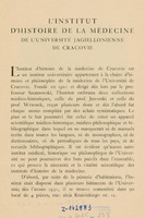 Ilustracja czarno-biała przedstawia stronę tytułową artykułu prof. Szumowskiego pod tytułem „L'institute d'Histoire de la Médecine de l'Université Jagiellonienne de Cracovie”. 