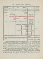Strona 93 książki medycznej w języku polskim. Na górze znajduje się tytuł: „Stan i potrzeby nauk lekarskich”. Poniżej umieszczono tabelę-schemat przedstawiającą podział nauk lekarskich na grupy: morfologiczne, biologiczne oraz zastosowania, z zaznaczeniem powiązań z innymi dziedzinami nauki (np. biologia ogólna, anatomia porównawcza, zoologia, botanika, fizyka, psychologia, pedagogika, socjologia, nauki prawne). Wewnątrz tabeli znajdują się hasła takie jak: Anatomia, Embriologia, Fizjologia, Patologia ogólna, Terapia ogólna, Psychiatria, Chirurgia, Ginekologia, Dermatologia, Farmakologia i toksykologia, Higiena, Historia medycyny i inne, połączone strzałkami i liniami zależności. Na dole strony znajduje się opis objaśniający znaczenie czerwonych linii tabeli oraz komentarz metodologiczny.
Papier ma pożółkły odcień, wskazujący na wiek dokumentu.

