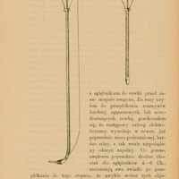 Obraz przedstawia ilustrację w pracy „Przyczynek do leczenia zwężeń cewki moczowej zapomocą elektrolizy”.
Na stronie widoczne są dwa czarno-białe rysunki przedstawiające instrumenty używane w procedurze leczenia zwężeń cewki moczowej przy pomocy prądu elektrycznego:
Z lewej strony widać dłuższy instrument:
długi, pionowy pręt zakończony od góry charakterystyczną pętlą lub uchwytem w kształcie gruszki — wygląda jak rączka lub izolowana część uchwytu elektrody.
Od dołu biegnie giętka, cienka rurka, która zakończona jest na samym dole rurki zakrzywioną końcówką — ta część przypomina cewnikowy drucik albo sondę zakończoną małym haczykiem lub zakrzywionym końcem do przeprowadzenia przez zwężone miejsce.
Prawy rysunek obrazuje krótszy instrument.
Bardzo podobna konstrukcja do lewego, ale bez długiej linki czy przewodu i z prostym zakończeniem.