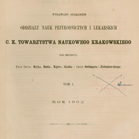 Strona tytułowa czasopisma „Przegląd Lekarski”, wydanego staraniem Oddziału Nauk Przyrodniczych i Lekarskich C. K. Towarzystwa Naukowego Krakowskiego. Redakcja: profesorowie doktorzy Bryk, Dietl, Majer, Skobel oraz doktorzy Oettinger i Zieleniewski. Tom I, rok 1862. Wydrukowano w Krakowie, w drukarni C. K. Uniwersytetu Jagiellońskiego. Na stronie w centralnej części po prawej stronie znajduje się czerwona pieczęć biblioteczna: „Biblioteka Oddziału Urologicznego Państwowego Szpitala św. Łazarza w Krakowie” przekreślona niebieskim atramentem z nieczytelnym odręcznym podpisem.
Tło strony jest kremowe. Nie ma ilustracji.
W dolnej części strony nad napisem „w Krakowie” znajduje się prosty poziomy ozdobny ornament.