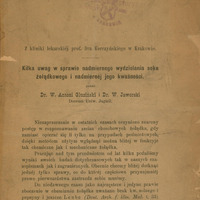 Ilustracja czarno-biała przedstawia pierwszą stronę broszury Kilka uwag w sprawie nadmiernego wydzielania soku żołądkowego i nadmiernej jego kwaśności autorstwa Antoniego Gluzińskiego i prof. Jaworskiego. U góry pieczęć Zakład Historji Medycyny Un. Jag. w Krakowie.