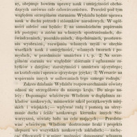Strona drukowana z numerem „10” w lewym górnym rogu. Tekst w języku polskim omawia zakres działań Wydziału Akademicznego oraz Wydziału Rozpowszechniania Oświaty. Poruszane są tematy dotyczące rozwoju nauki i umiejętności, wspierania edukacji, działania szkół oraz popularyzacji wiedzy w społeczeństwie. NA 2/3 strony idąc od góry widoczna jest plama (najprawdopodobniej po zalaniu) w kolorze brązowym. Tło strony jest kremowe. Nie ma ilustracji.