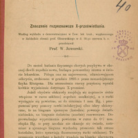 Ilustracja czarno-biała przedstawia pierwszą stronę broszury prof. Jaworskiego Znaczenie rozpoznawcze X-prześwietlania. U góry dwie pieczęcie: Muzeum Historyczne Medycyny i Farmacyi Pol. UJ oraz Zakład Historji Medycyny Un. Jag. w Krakowie. Zawiera tytuł i fragment tekstu.
