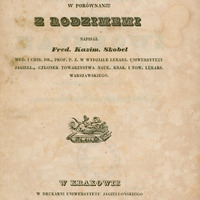 Czarno-biała strona tytułowa pracy "O wodach lekarskich robionych w porównaniu z rodzimemi". W części centralnej czarno-biała ilustracja: książka, naczynie, motyw roślinny.