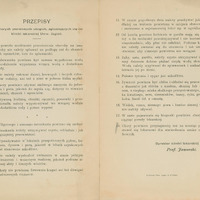 Ilustracja czarno-biała przedstawia tekst Przepisów dla chorych piersiowych ubogich, zgłaszających się do kliniki lekarskiej Uniw. Jagiell. prof. Jaworskiego.