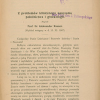 Ilustracja czarno-biała przedstawia stronę tytułową artykułu prof. Rosnera pod tytułem „Z problemów klinicznego nauczania położnictwa i ginekologii”. W górnej części strony pieczątka „Dar prof. dr. J . Zubrzyckiego”.