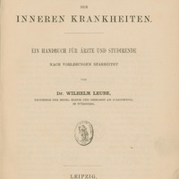 Ilustracja czarno-biała przedstawia stronę tytułową pracy Wilhelma Laube Specielle Diagnose der inneren Krankheiten z 1889 roku. Tytuł drukowanymi literami.