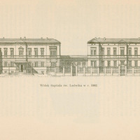Skan ilustracji przedstawiającej czarno biały rysunek architektoniczny Szpitala św. Ludwika po rozbudowie w 1882 roku wg projektu Tomasza Prylińskiego. Przedstawiono obiekt w rzucie poziomym – frontowy widok kompleksu. Bryła jest symetryczna, pozioma, składa się z dwóch dwu kondygnacyjnych budynków połączonych niską galerią. Fasady ozdobione są klasycystycznymi elementami: ryzality, dekoracyjne listwy i gzymsy. Okna prostokątne, jednolite, w regularnych osiach. W części centralnej widoczny jest główny wejściowy segment – obiekt z niewielkim portykiem i spadzistym dachem. Po lewej i prawej stronie budynku widać ozdobny płot z furtkami, ogrodzenie oddzielające teren od otoczenia.
Pod ilustracją znajduje się podpis: „Widok Szpitala św. Ludwika w r. 1882.”