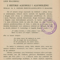 Ilustracja przedstawia pierwszą stronę artykułu Leona Wachholza: „Z historji alkoholu i alkoholizmu .”