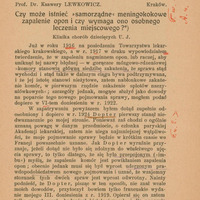 Odbitka z Gazety Lekarskiej 1925 pierwszej strony pracy "Czy może istnieć samorządne meningokowe zapalenie opon i czy wymaga ono osobnego leczenia miejscowego". Po prawej stronie odręczne notatki pisane czerwonym piórem.