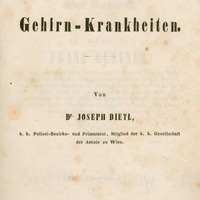 Ilustracja czarno-biała przedstawia stronę tytułową dzieła prof. Dietla pod tytułem Anatomische Klinik der Gehirn-Krankheiten z 1846 roku.