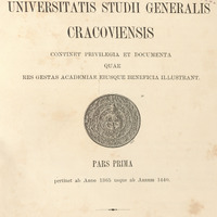 Czarno-biała strona tytułowa Codex Diplomaticus Universitatis Studii Generalis Cracoviensis, 1870. Pośrodku czarno-biała ilustracja przedstawiająca Herb Piastowski oraz postać św Stanisława? W prawym górnym rogu podłużna pieczęć Biblioteki Towarzystwa Lekarskiego w Warszawie.