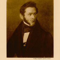 Ilustracja czarno-biała przedstawiająca młodego mężczyznę w czarnym fraku patrzącego w prawo. Podpisana Dietl 30-letni.