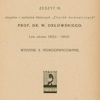 Ilustracja czarno-biała przedstawia stronę tytułową skryptu Choroby nerek z roku 1926 prof. Orłowskiego.
