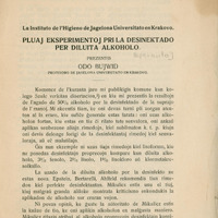 Strona odbitki z "Gazety Lekarskiej" nr 1912, tekst w języku esperanto pt. „Pluaj eksperimentoj pri la desinektado per diluita alkoholo".
