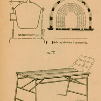 Ilustracja przedstawia plan sali wykładowo-operacyjnej w budowanej przez prof. Rydygiera w Krakowie kliniki chirurgicznej, a także rysunki niektórych elementów wyposażenia -łóżka operacyjnego (widok z przodu i z boku).