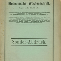 Skan przedstawia okładkę niemieckiego czasopisma medycznego zatytułowanego „Wiener Medicinische Wochenschrift” redagowanego przez dr. Heinricha Adlera. W prawym górnym rogu widnieje odręcznie zapisana dedykacja dla Prof. Latkowskiego od autora. Poniżej znajdują się informacje: nazwa czasopisma, redaktor, informacje o prenumeracie, cenach dla różnych krajów oraz dane wydawnicze – publikacja wydana przez Moritza Perlesa w Wiedniu.