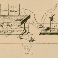 Rysunek 11 to schematyczne przedstawienie doświadczenia z użyciem dużego naczynia szklanego wypełnionego elektrolitem. Na dnie naczynia umieszczono trzy elektrody cynkowe, z których dwie połączone są z galwanometrem. Przez naczynie przebiegają dwa druty, po których porusza się gumowy wózek z zaczepionymi cynkowymi przewodnikami. Schemat zawiera opisy połączeń i rozmieszczenia elementów, a także sugerowane kierunki przepływu prądu i linii sił.