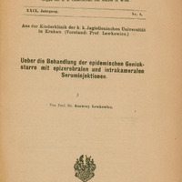 Strona tytułowa pracy w języku niemieckim Ueber die Behandlung der epidemischen Genick-starre mit epizerbalen und intrakameralen Seruminjektionen Lipsk 1916.