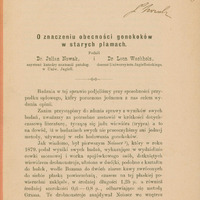 Ilustracja czarno-biała przedstawia stronę tytułową dzieła dr. Wachholza i  dr. Nowaka pod tytułem "O znaczeniu obecności gonokoków w starych plamach". W górnej części strony dedykacja „Jaśnie Wielmożnemu Panu profesorowi doktorowi Henrykowi Jordanowi profesorowi Uniwersytetu Jagiellońskiego L. Wachholz”. Obok odręcznie napisana data 1889.