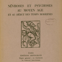 Ilustracja czarno-biała przedstawia stronę tytułową dzieła  prof. Szumowskiego pod tytułem „Névroses et psychoses au Moyen Age et au début des temps modernes” wydanego w Paryżu w 1939.