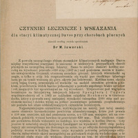 Ilustracja czarno-biała przedstawia pierwszą stronę broszury prof. Jaworskiego Czynniki lecznicze i wskazania dla stacyi klimatycznej Davos przy chorobach płucnych. U góry odręczna dedykacja Wielmożnemu Panu Profesorowi Drowi Pieniążkowi Docentowi we Wszechnicy Jagiellońskiej w dowód wysokiego poważania i szacunku ofiaruje autor.