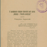 Ilustracja czarno-biała przedstawia stronę tytułową artykułu prof. Szumowskiego pod tytułem O przedmiocie studyów lekarskich pod nazwą "historya i filozofia medycyny".