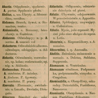 Czarno-biała strona "Słownika łacińsko-polskiego wyrazów lekarskich", hasła na literę "A".