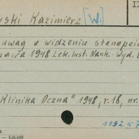 Karta katalogowa pracy przygotowanej w czasie wojny i wydanej w 1948 r. Po lewej na górze napis Majewski Kazimierz, obok numer sygnatury II.63757, 63758.
Po niżej opis bibliograficzny.  Na dole napis: Wzór 7 PS, PZWS C 337 II. 50. - 500.000 oraz 1952 K 74.