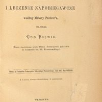 Strona tytułowa Wścieklizna u ludzi i leczenie zapobiegawcze wg. Metody Pasteura, Warszawa 1892, Podłużna pieczęć Biblioteki Towarzystwa Lekarskiego w Krakowie.