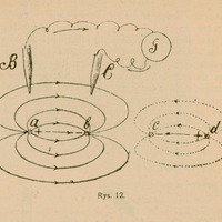 Rysunek 12: schemat pola elektrycznego i linii sił wokół układów elektrod ab oraz cd, z zaznaczonym kierunkiem przepływu prądu i rozmieszczeniem potencjałów dodatnich (na zewnątrz) i ujemnych (wewnątrz). Linie sił układają się koncentrycznie wokół obu układów.