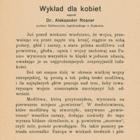 Ilustracja czarno-biała przedstawia stronę tytułową wydanego drukiem wykładu dla kobiet prof. Rosnera z 1916 roku. 