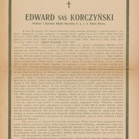Ilustracja czarno-biała przedstawia pierwszą stronę tekstu wspomnienia pośmiertnego Edward Sas Korczyński. U góry nad tekstem znak krzyża.