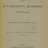 Skan okładki broszury „La lutte contre la conjonctivite granuleuse en Pologne” z 1921 roku. U góry widoczna odręczna dedykacja autora dla prof. Jana Piltza.