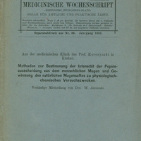 Ilustracja niebiesko-czarna strony tytułowej broszury prof. Jaworskiego Methoden zur Bestimmung der Intensität der Pepsinausscheidung aus dem menschlichen Magen und Gewinnung des natürlichen Magensaftes zu physiologischchemischen Versuchszwecken z 1887 roku. U góry odręczna notatka Wielmożnemu Panu Prof. drowi Łazarskiemu z wyrazem prawdziwego szacunku i poważania przesyła autor.