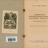 Strona tytułowa  "Zagadnienia zachowawczego  leczenia ropniaków opłucnych". Lwów 1931. Po lewej stronie czarno-biały exlibris Kliniki Pediatrycznej przedstawiający nagie dziecko oparte  prawym przedramieniem o książkę.