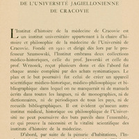 Ilustracja czarno-biała przedstawia stronę tytułową artykułu prof. Szumowskiego pod tytułem „L'institute d'Histoire de la Médecine de l'Université Jagiellonienne de Cracovie”. 